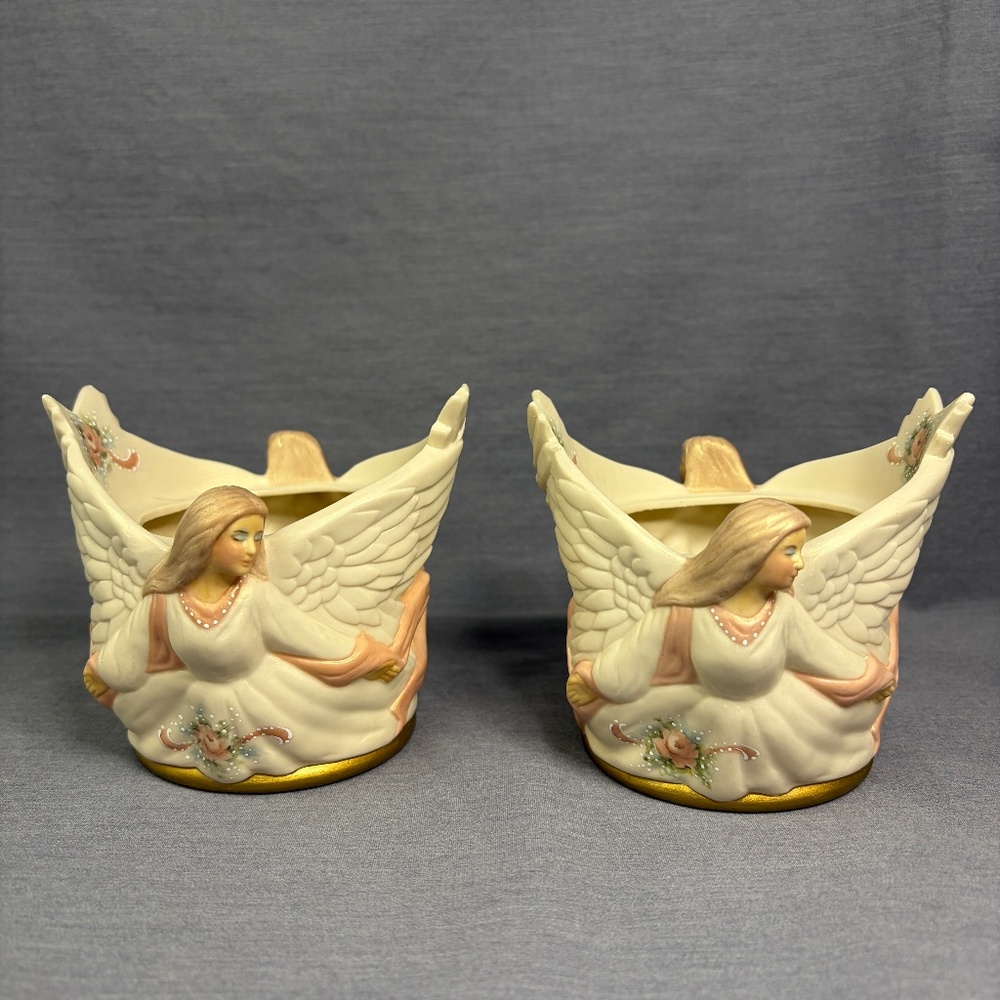 Scioto Ceramic Angel Handpainted Candle Holder Planter Signed Vintage Pair 1996